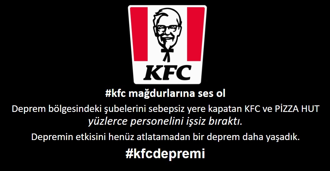 sedat2149's tweet photo. @mukaddesyuce21 Depremde tüm Türkiye birbirine yardım ederken #kfc televizyonda 10 milyon TL bağışlıyoruz açıklaması yaptı. Arka planda sessiz sedasız tüm personelden ücretsiz izin ve istifa imzası isteyerek deprem bölgesinden çekildiğini açıkladı. #kfcdepremi https://t.co/KzHhYniuaO