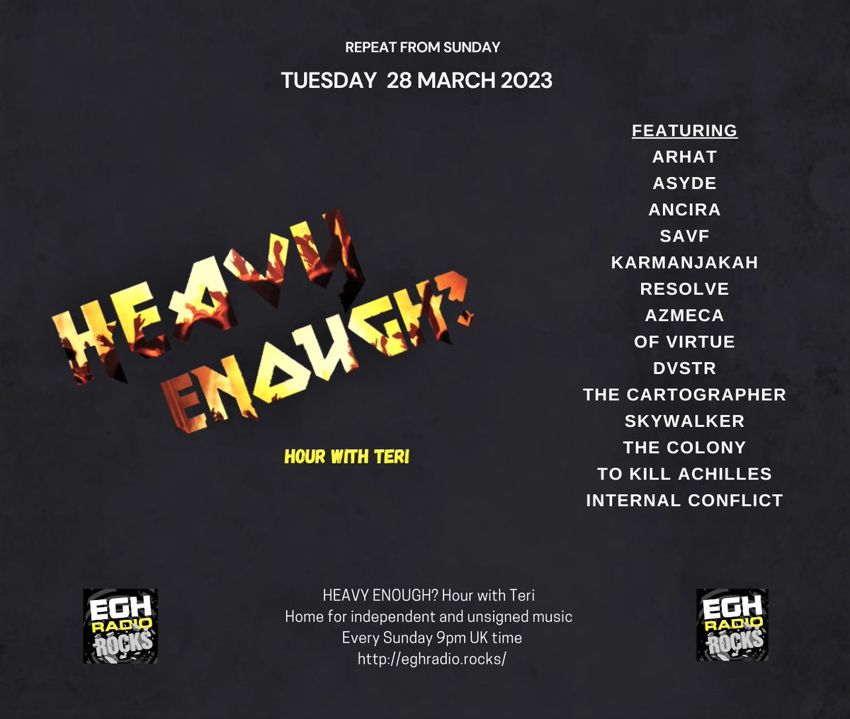 MusicMattersTee's tweet photo. Today 9pmBST #HeavyEnough hour repeat on @EGHRocks airing worldwide 
#ListenHere
https://t.co/aQGYmXtSH9

Listen to the new bangers from-
@OFVIRTUE #DVSTR @Cartographer_UK @skywalkerband @the_colonyband @ToKillAchilles @IntConflict 

Info:https://t.co/ivr7EnJbZH
#NewMusicAlert https://t.co/sQjdhV8yjj