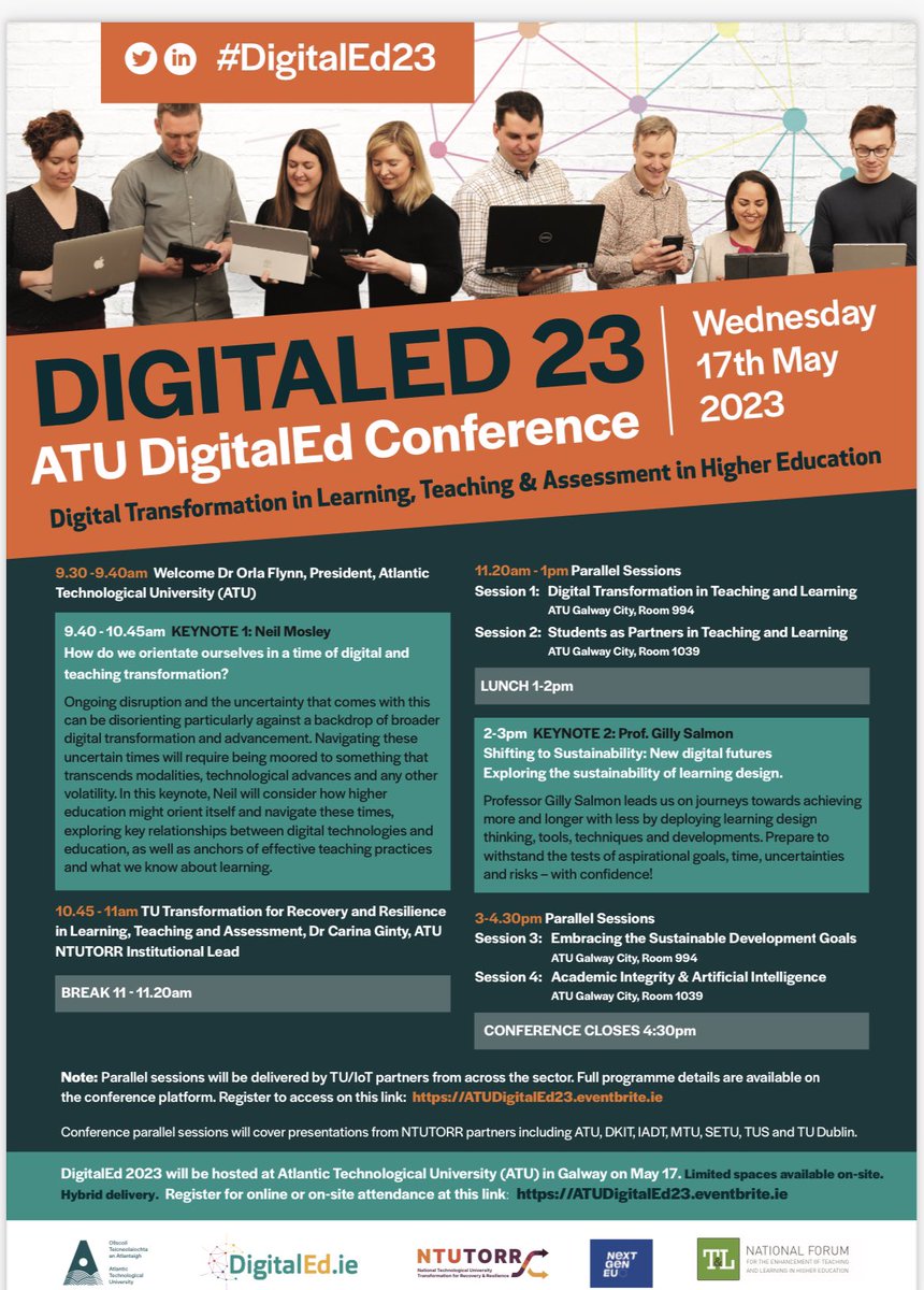 Join us May 17th for #DigitalEd23 conference at @atu_ie - great keynotes @neilmosley5 & @gillysalmon fantastic parallel sessions from @ntutorr TU sector partners @MTU_ie @SETUIreland @myIADT @DkIT_ie @TUS_ie @WeAreTUDublin. Book online or on-site ticket eventbrite.ie/e/atu-digitale…