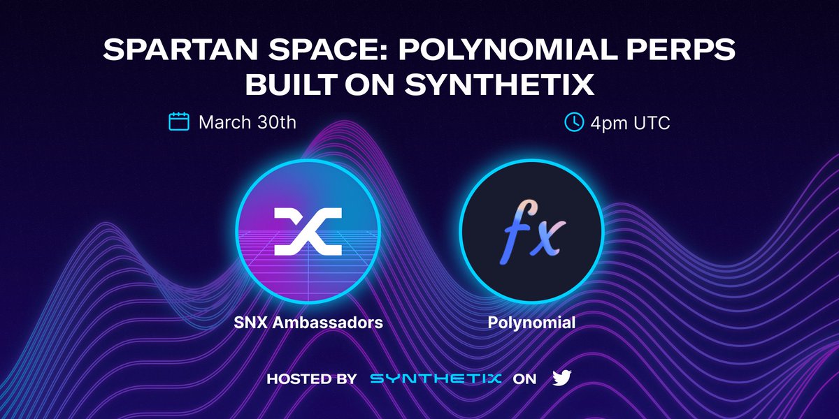 synthetix's tweet photo. On Thursday at 4 pm UTC, we'll be live on Spaces with @PolynomialFi to discuss Polynomial Perps.

We'll discuss the features of Polynomial Perps, features in the pipeline, the benefits of building on Synthetix, and the pivot from Earn to Perps.

See you there 👋

RSVP 👇 https://t.co/wScUhkCuSl