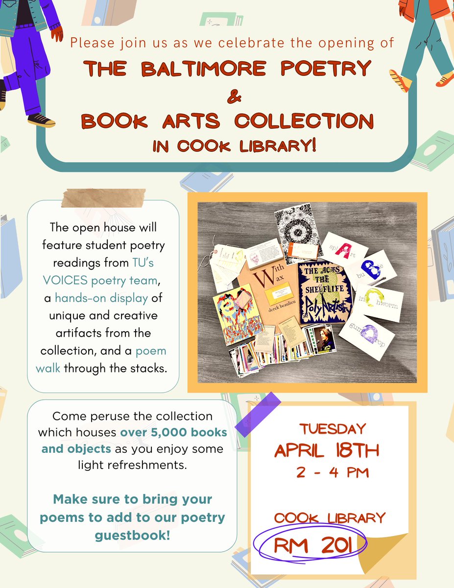 Celebrate the opening of The Baltimore Poetry and Book Arts Collection in Cook Library!  Poetry readings from TU’s VOICES poetry team, a hands-on display, and a poem walk through the stacks!  Tuesday, 4/18, 2p-4p, Library, RM201 
#CookLibrary #towsonuniversity #Poetry