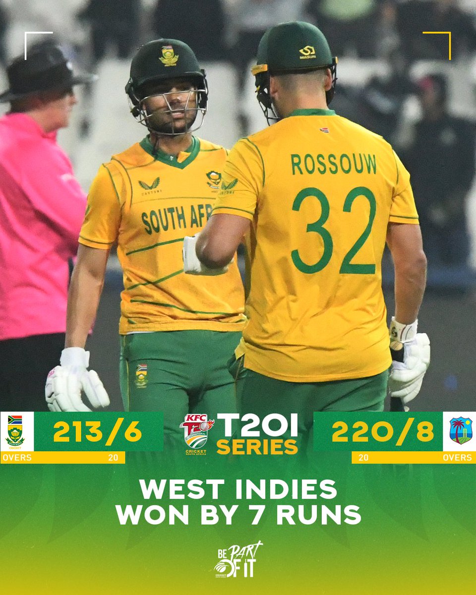 🚨 RESULT | WEST INDIES WIN BY 7 RUNS

A career-best 83 off 44 balls by Reeza Hendricks held the #Proteas chase together but wickets at regular intervals stifled the chase as the West Indies claim the match and series

#SAvWI #BePartOfIt