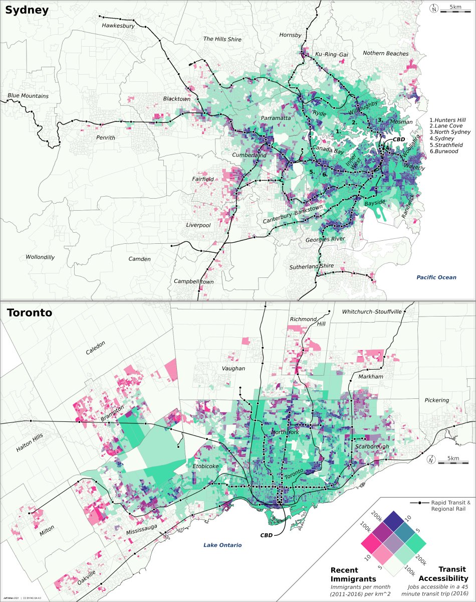 map of immigration and transit accessibility in toronto and sydney

(made this a couple years ago, looking at it again now for a tutorial on bivariate maps :)
