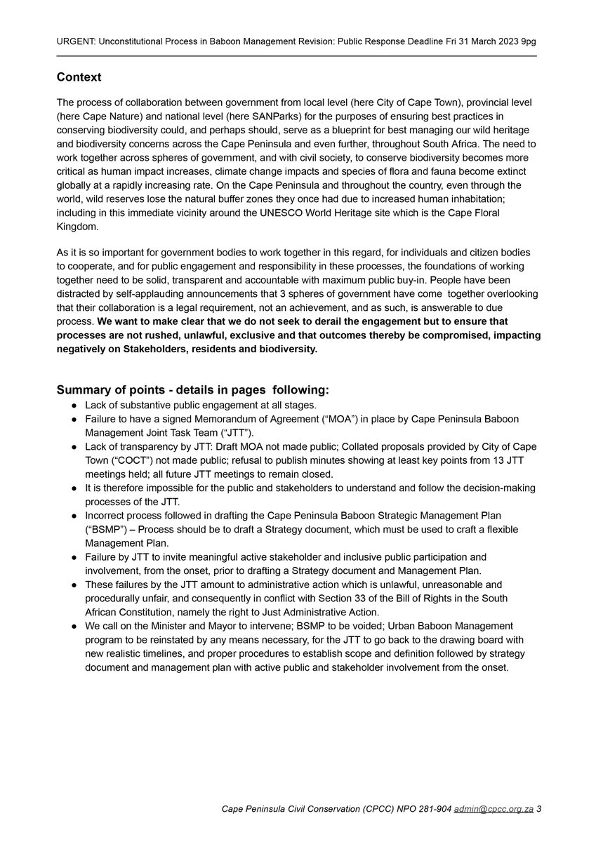 cpcc_za's tweet photo. IMPORTANT PRESS STATEMENT: points concerns beyond baboon management, to a very serious question
-to what extent will we citizens hold our government accountable to law? More in comments
@cpcc_za asks press &amp; public please raise with @BarbaraCreecy_ + @geordinhl 
#unconstitutional https://t.co/8S8FngbVq5