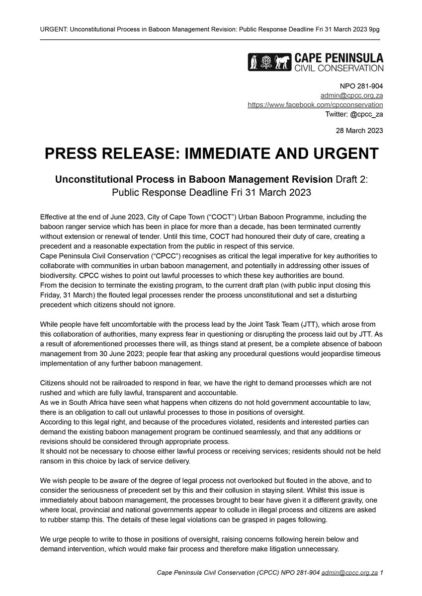 cpcc_za's tweet photo. IMPORTANT PRESS STATEMENT: points concerns beyond baboon management, to a very serious question
-to what extent will we citizens hold our government accountable to law? More in comments
@cpcc_za asks press &amp; public please raise with @BarbaraCreecy_ + @geordinhl 
#unconstitutional https://t.co/8S8FngbVq5