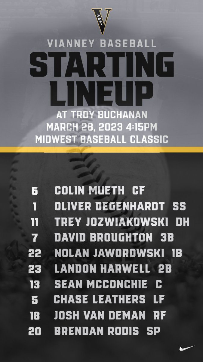 Here is the line up for @vianneybaseball in game two of the Midwest Classic vs. Troy