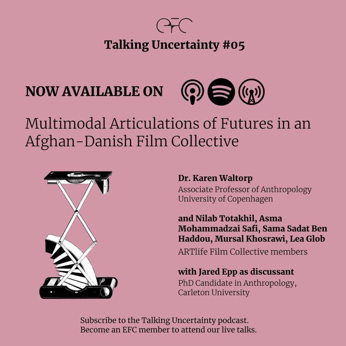 EFC's Talking Uncertainty #05 session 'Multimodal Articulations of Futures in an Afghan-Danish FilmCollective' with Dr. @karenWaltorp, Nilab Totakhil, Asma Mohammadzai Safi, Sama Sadat Ben Haddou, Mursal Khosrawi, Lea Glob & Jared Epp is now available as a podcast! #anthrotwitter