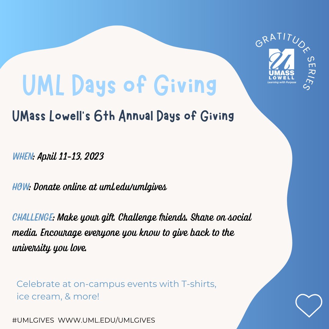 Join us in celebrating UMass Lowells' 6th Annual Days of Giving. Donate online below. To give directly to our office initiatives, select “Mental Health and Wellness'!
givecampus.com/schools/Univer… 

#UMLGives #umlwellbeing