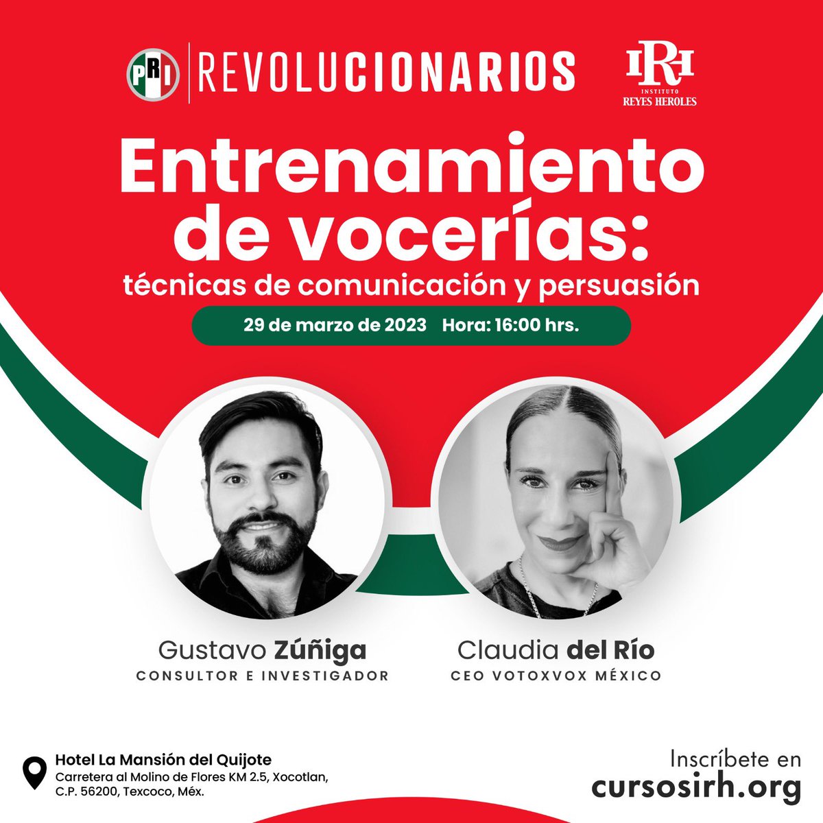 Amigas y amigos de #Texcoco nos vemos el día de mañana en el curso "Entrenamiento de vocerías: técnicas de comunicación y persuasión", impartido por <a href="/grillodelrio/">CLAUDIA DEL RIO</a> y <a href="/GustavoZunigaC/">Gustavo Zúñiga</a>, a las 16:00 horas en el Hotel La Mansión del Quijote, Texcoco, Estado de México.