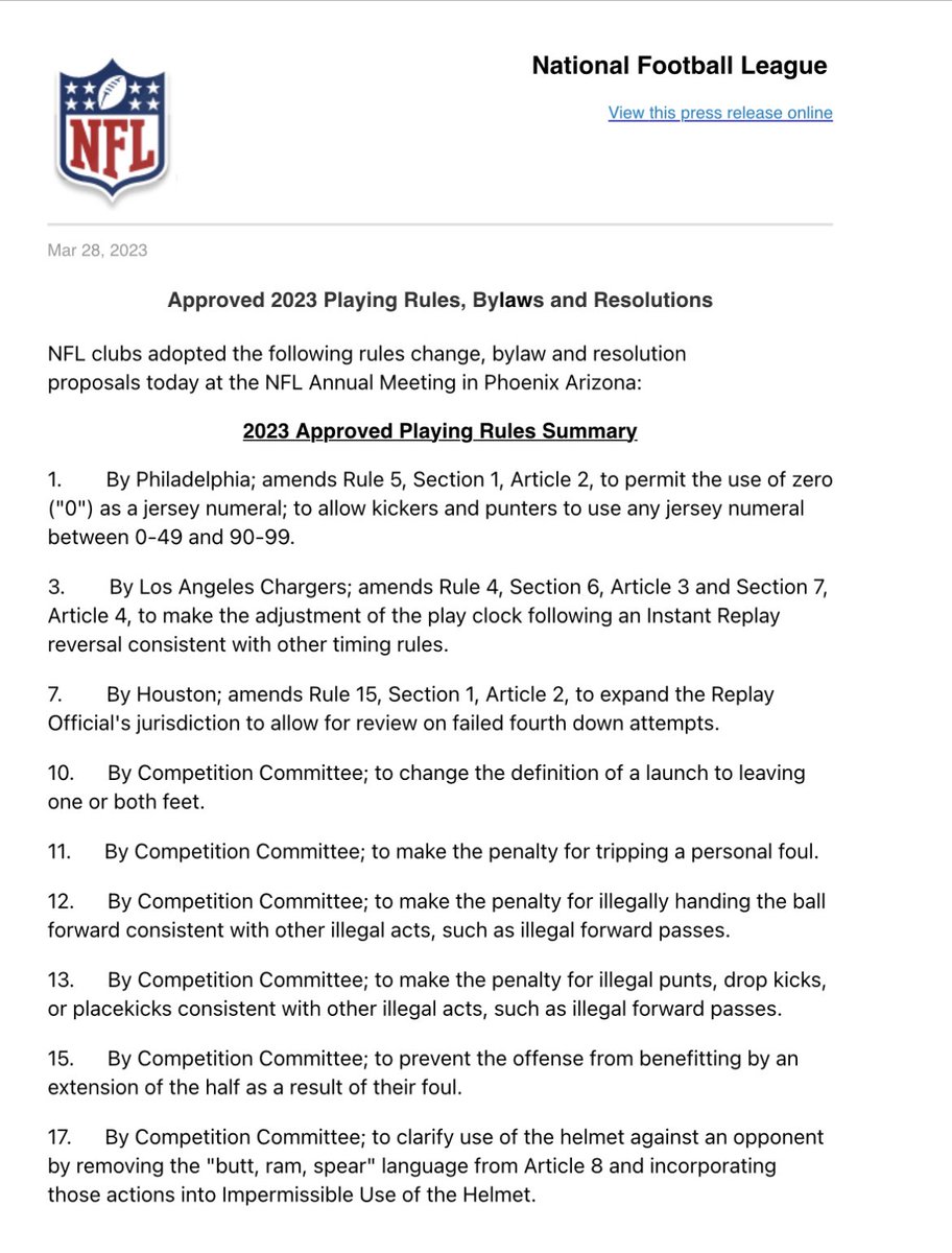 New approved rules from today, including players now being allowed to wear No. 0.