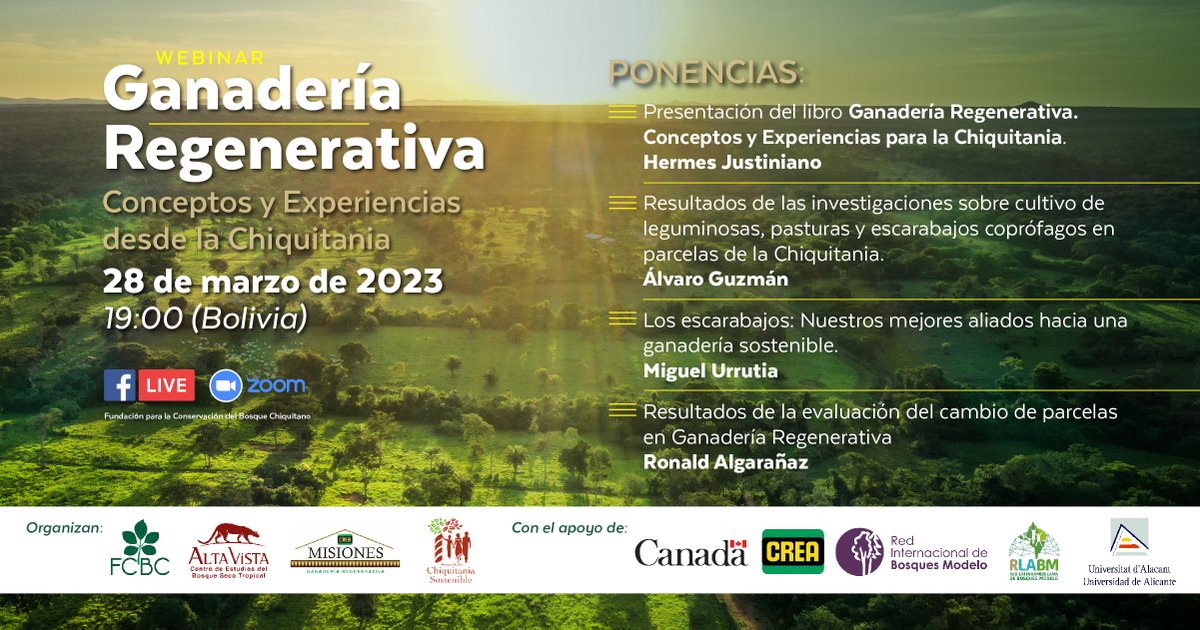 ¡Llegó el gran día de la Ganadería Regenerativa!
Te invitamos a participar del webinar "Ganadería Regenerativa: Conceptos y Experiencias desde la Chiquitania" a las 19:00 (Bolivia).
¡No te lo pierdas!
Enlace de registro: bit.ly/3TEgZbt