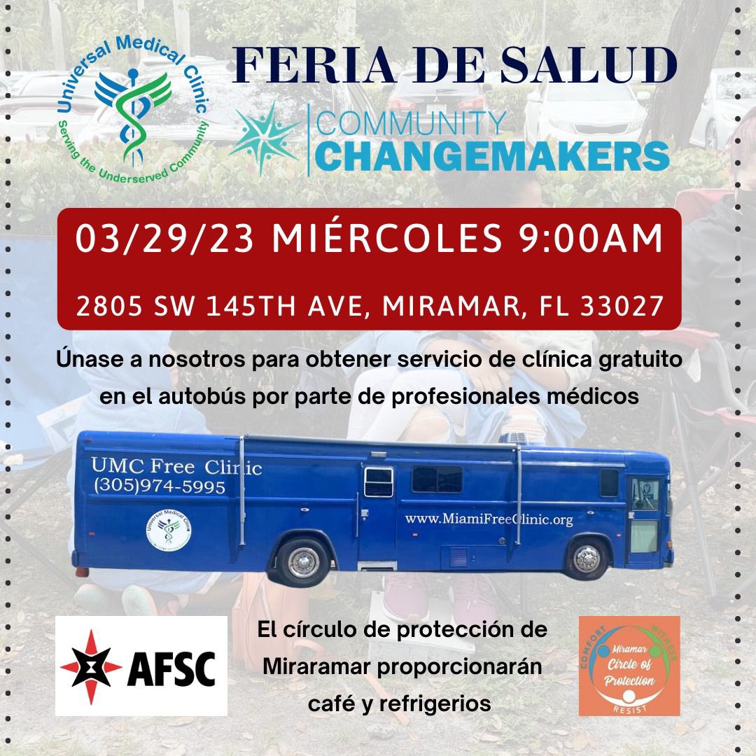 UMC bus will be at the Miramar ICE offices to obtain free Clinic service tomorrow #MiramarCircleOfProtection  <a href="/ChangemakersFL/">community changemakers</a>