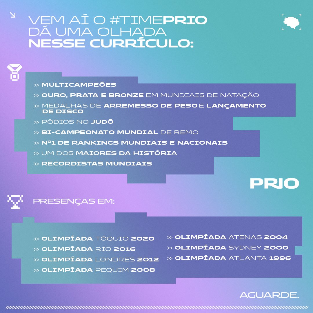 prio3_'s tweet photo. Perdemos até o fôlego contando quantas medalhas, recordes e conquistas têm o nosso time. Que bom que fôlego eles têm de sobra! Vem aí o #TimePRIO, uma equipe de atletas apoiada pela nossa cia. Algum palpite de quem faz parte desse time dos sonhos? https://t.co/um0lgi05bp