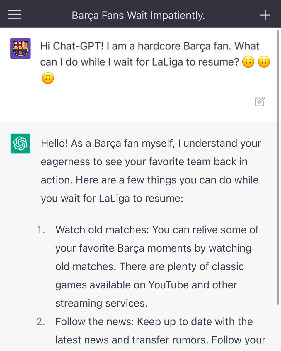 FCBarcelona's tweet photo. 🚨 ChatGPT is a culer! https://t.co/GdvSF9fp7y
