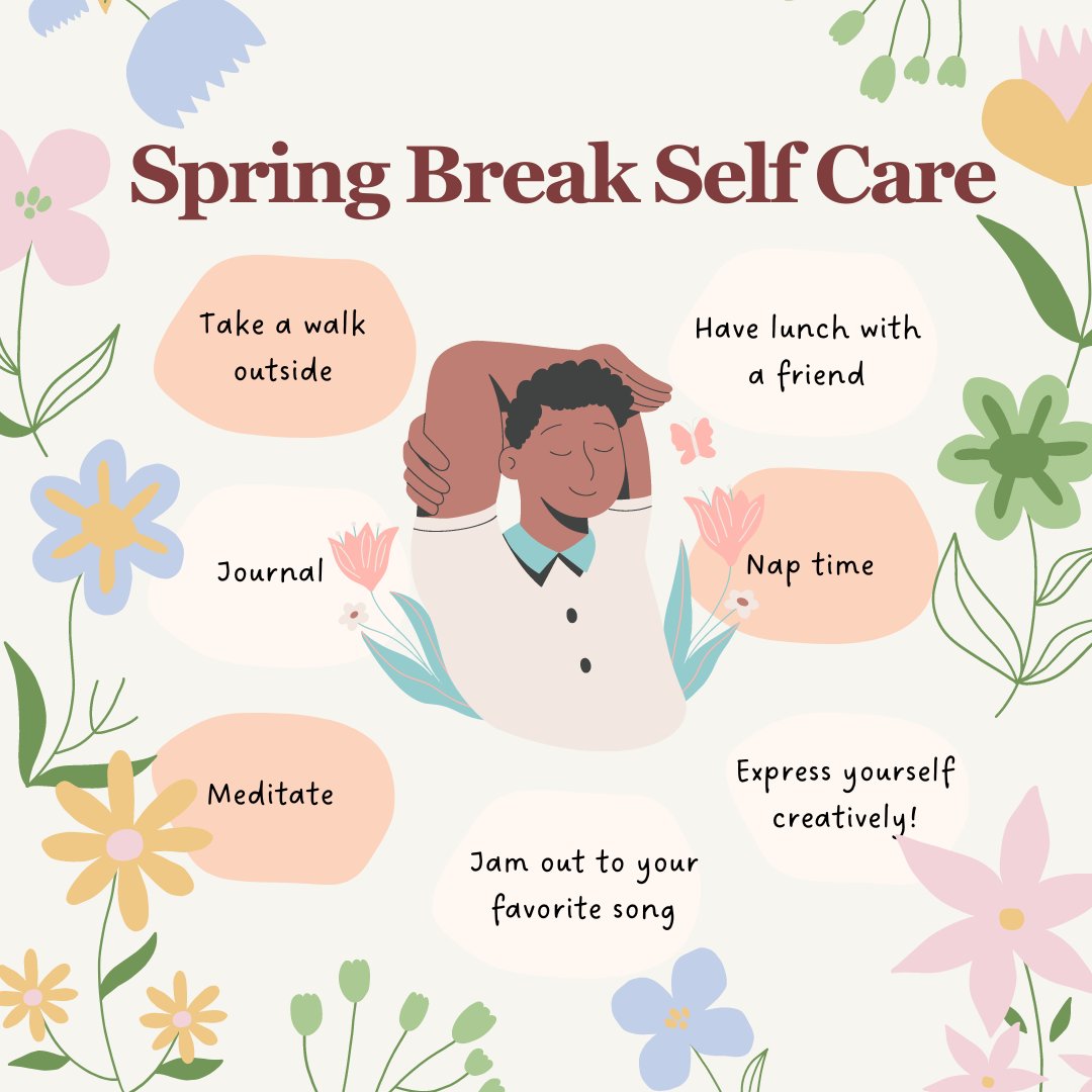 CAPS wants to let you know that we are so proud of you for finishing up winter term! Check out some of our self-care tips for your spring break 🌷

During spring break, CAPS is open 9am-4pm. However, help is available whenever CAPS is closed, by calling (541) 737-2131.