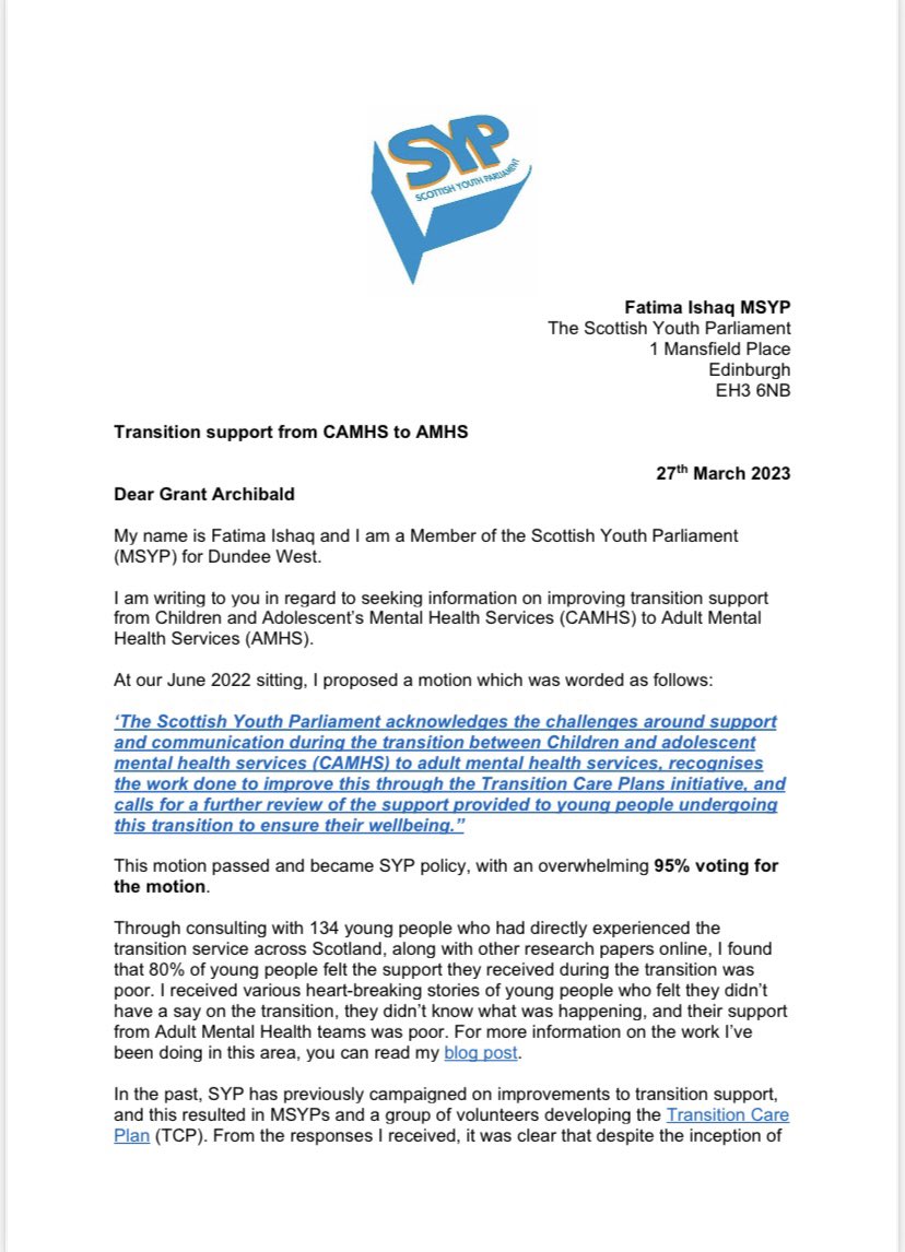 fatimaishaqxx's tweet photo. #LetsTalkTransitions
Today I wrote to the Chief Executive at NHS Tayside regarding the issue of MH transitional support for young people.
With more young people than ever accessing support from CAMHS, more YP than ever also require additional support with the transition. https://t.co/YA12xQ1FvP