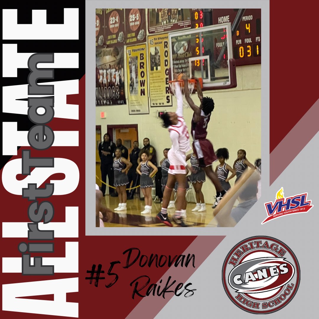 Heritage Athletics (@_canesathletics) on Twitter photo Congratulations to <a href="/HeritageHS/">Heritage High School</a> senior <a href="/VintageDonn/">Donovan Raikes</a> for being selected Class 4 First Team All-State in Boys Basketball 🏀. The #5800Family is proud of you! #OnAMission Congratulations to <a href="/HeritageHS/">Heritage High School</a> senior <a href="/VintageDonn/">Donovan Raikes</a> for being selected Class 4 First Team All-State in Boys Basketball 🏀. The #5800Family is proud of you! #OnAMission