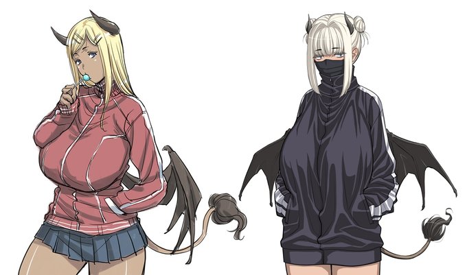 ジャジキュバスはジャージ着たギャルくらいのコンセプトだったけど、ジャージ=臙脂色ってのも今更どうだろうと思って、ネットでジャージの画像を漁ったら出てきた黒いのがカッコよかったからこんな感じに。黒いマスクもつけて良いキャラ付けになった気がする。 