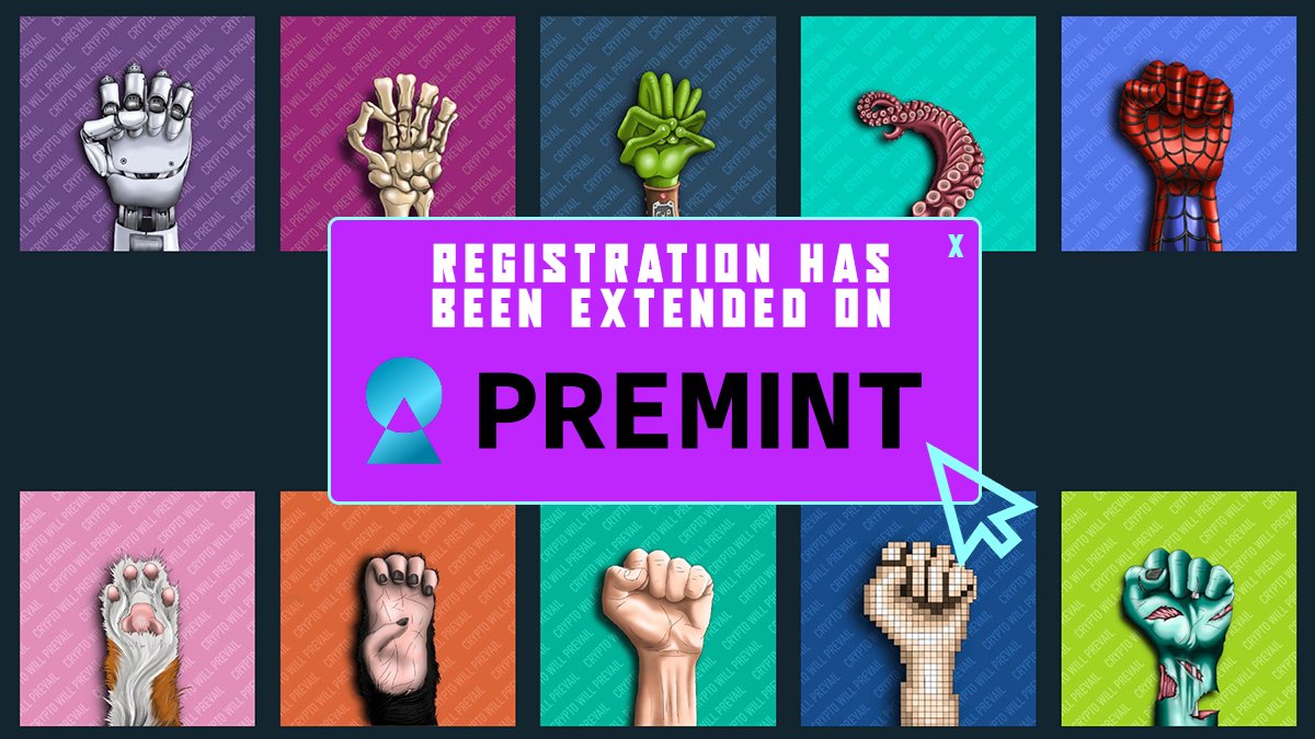 🚨Register until 2nd of April and double your chance to win a FREE  Mint spot!🚨

✅🌐 premint.xyz/cryptowillprev…
✅Like &amp; RT
 
#NFT #FinancialFreedom  #nftart  #Resistance #blockchaintechnology #EthereumNFT #CWP