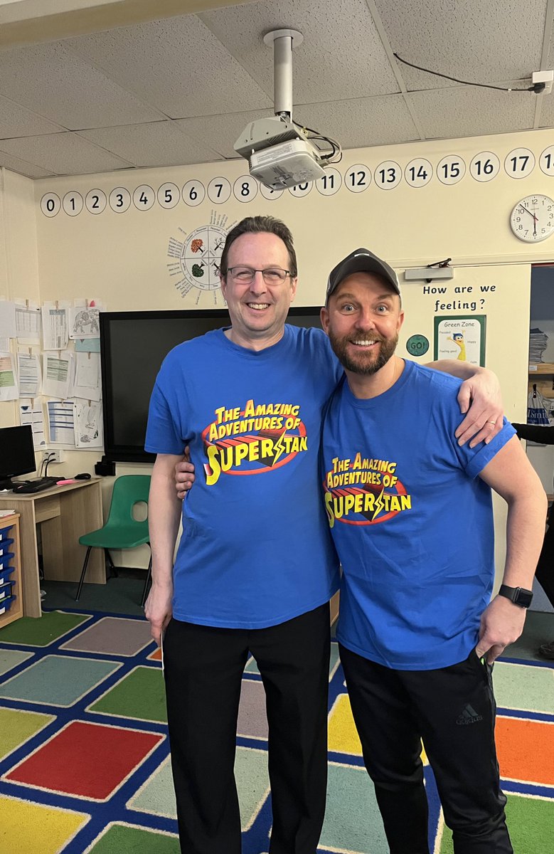 castle_primary's tweet photo. First night of The Amazing Adventures of Superstan by @craighawes The Directors are ready to go but Mr J thinks his t-shirt might have shrunk since we last did the show 7 years ago! https://t.co/yAFHiEeDR4