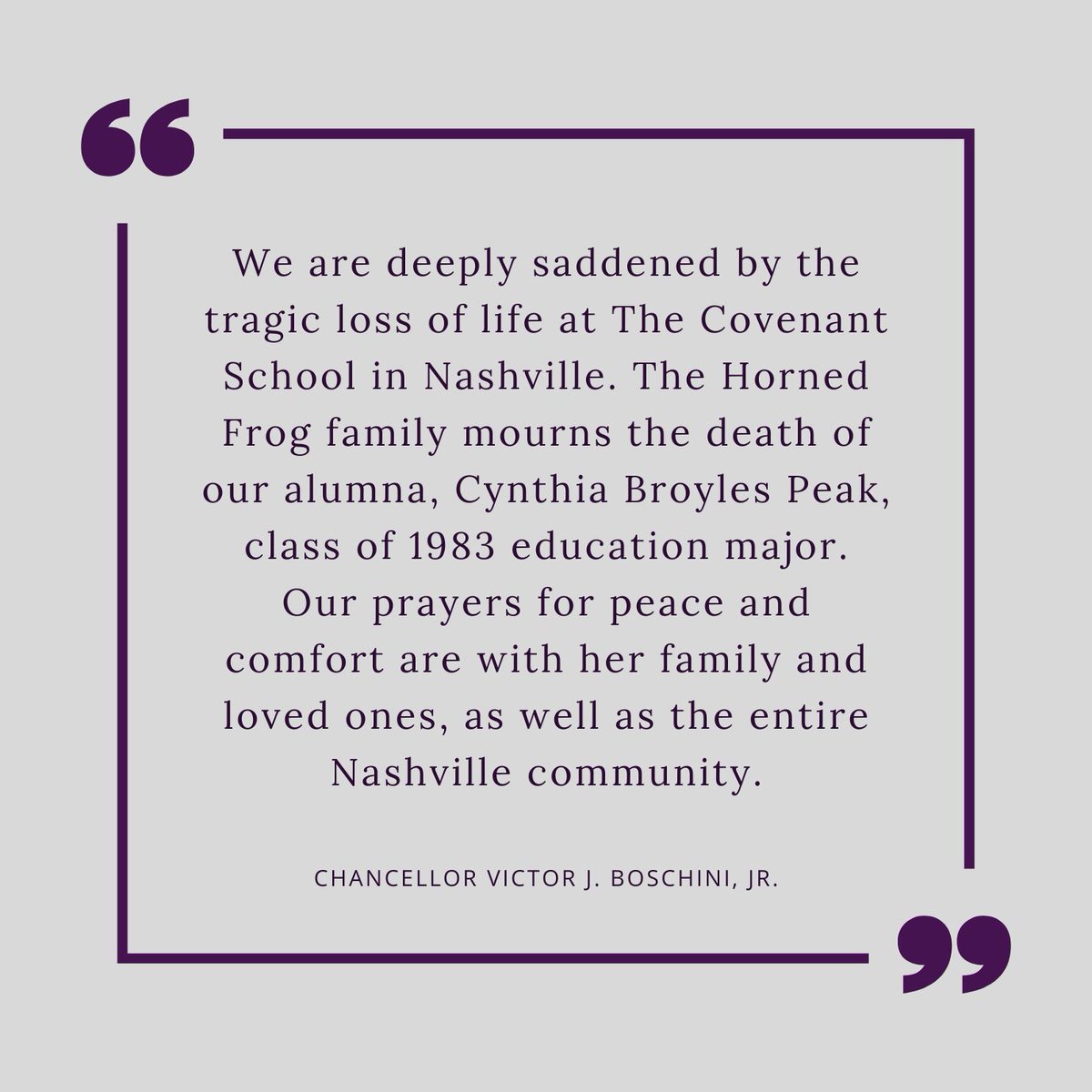 Our prayers for peace and comfort are with the family of Cynthia Broyles Peak '83 and the entire Nashville community.