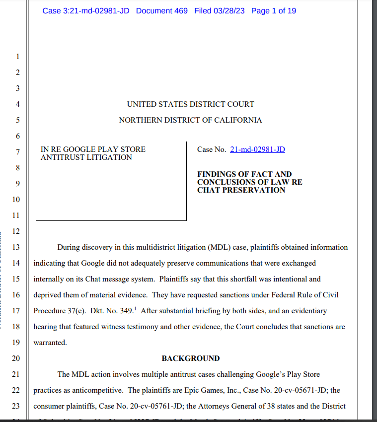 bkoenig94's tweet photo. NEW: A California federal judge just sanctioned @Google for failing to preserve evidence in the Android app distribution case, faulting the co. for its default policy to delete chats (which should've been discoverable) after 24 hours. Story soon @Law360 https://t.co/8LTXAUDLxx