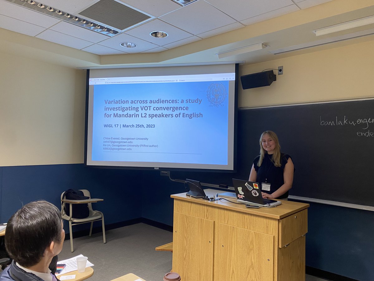 Ling major Chloe Evered (CAS '24) presented "Variation across audiences: A study investigating VOT convergence for Mandarin L2 speakers of English” last Saturday at the Workshop in General Linguistics 17! The presentation was on her work as an RA for PhD student @KeLin70085730