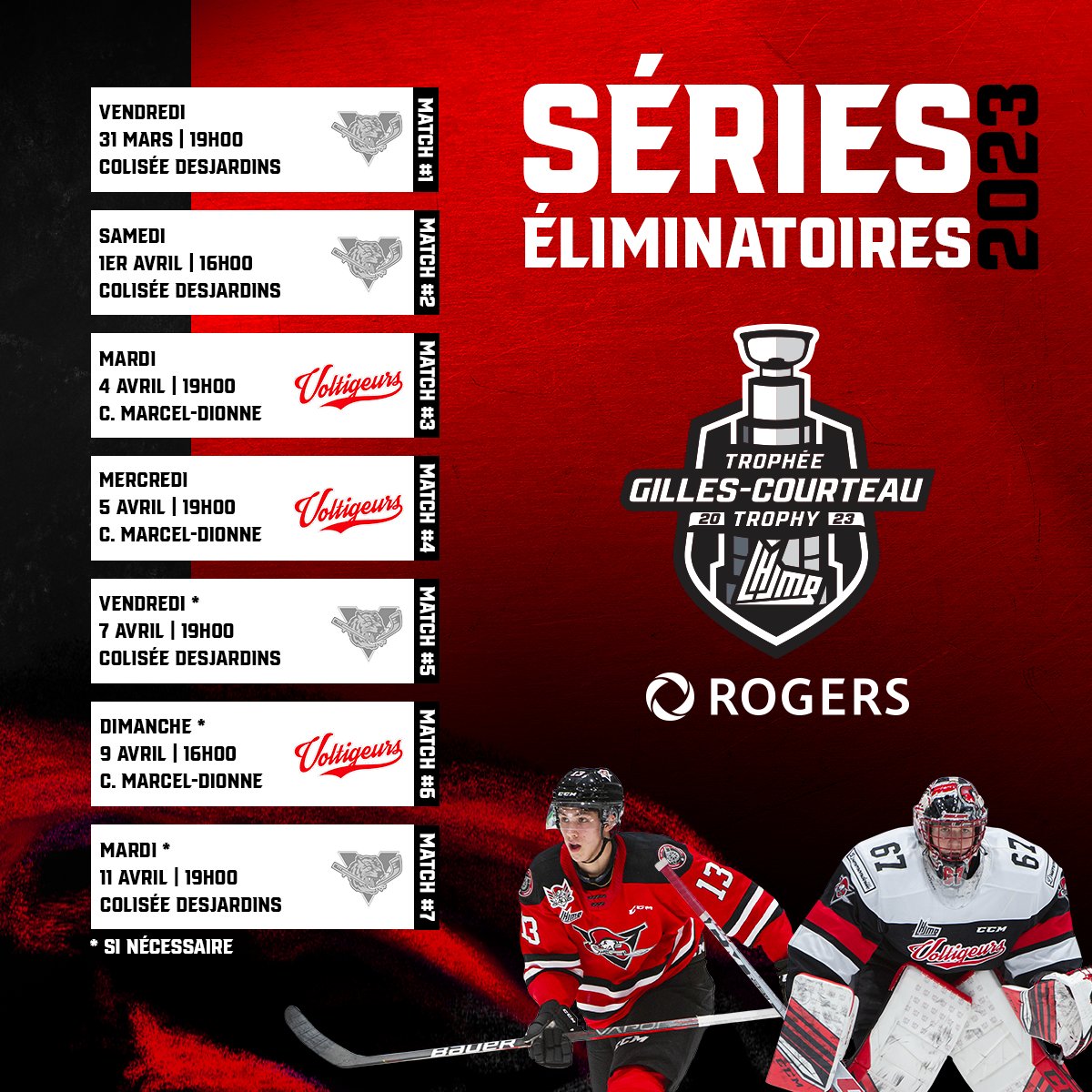 🥁 𝐕𝐨𝐢𝐜𝐢 𝐥'𝐡𝐨𝐫𝐚𝐢𝐫𝐞 𝐨𝐟𝐟𝐢𝐜𝐢𝐞𝐥 𝐝𝐞 𝐥𝐚 𝐩𝐫𝐞𝐦𝐢𝐞̀𝐫𝐞 𝐫𝐨𝐧𝐝𝐞 🥁 

Une présentation de <a href="/Rogers/">Rogers</a>!  

Réserve dès maintenant les meilleurs sièges disponibles pour les 𝗺𝗮𝘁𝗰𝗵𝘀 𝟯 𝗲𝘁 𝟰 👉 bit.ly/3JTypwh 🎟  

#ModeSéries 
#GoRouges  

🔴⚪️⚫