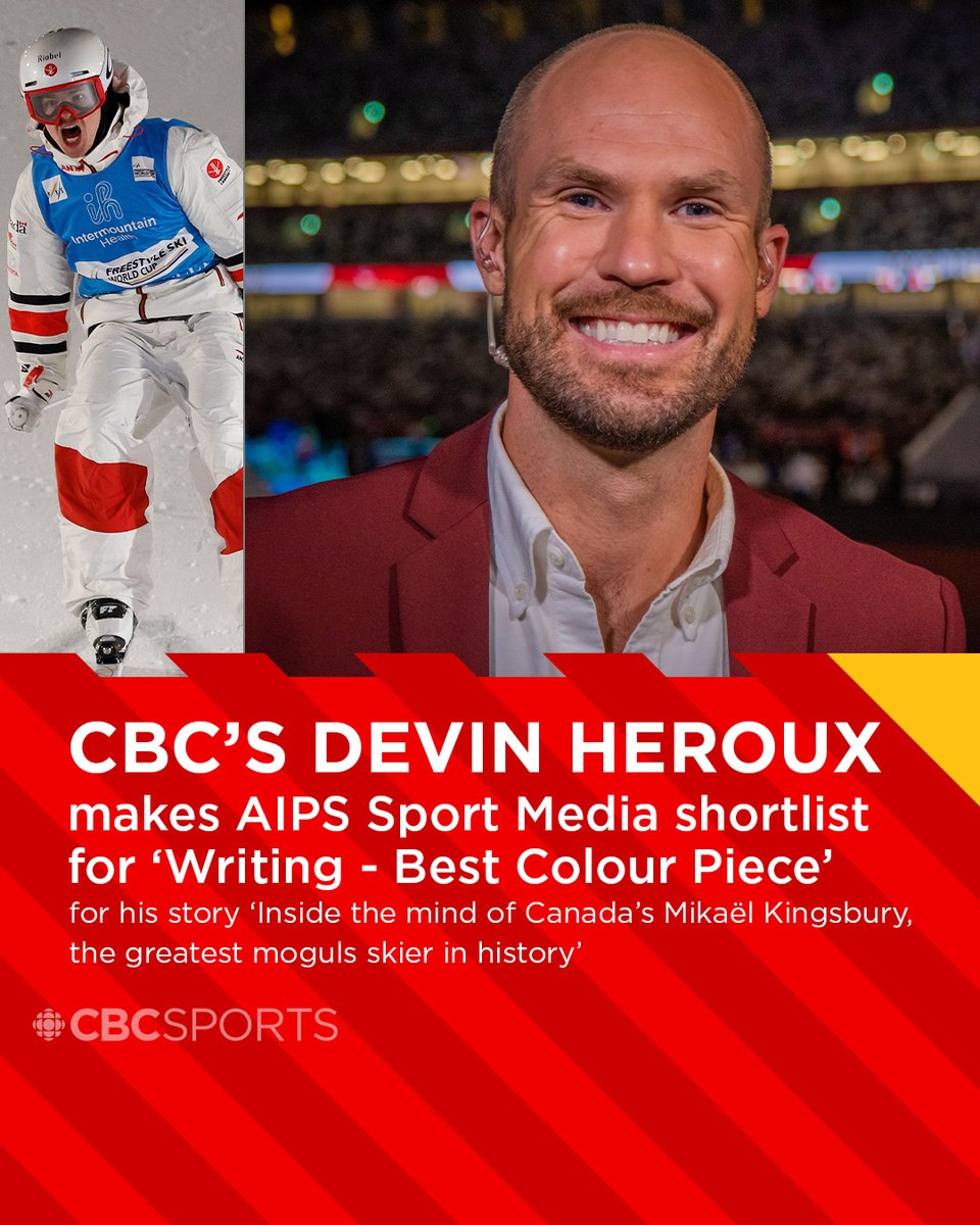 CBC Olympics (@cbcolympics) on Twitter photo Shoutout to our very own <a href="/Devin_Heroux/">Devin Heroux</a> who has made the shortlist for <a href="/AIPSmedia/">AIPS MEDIA</a> Writing - Best Colour Piece for his story on <a href="/MikaelKingsbury/">Mikael Kingsbury</a> 👏
Read the story here: cbc.ca/1.6269376 Shoutout to our very own <a href="/Devin_Heroux/">Devin Heroux</a> who has made the shortlist for <a href="/AIPSmedia/">AIPS MEDIA</a> Writing - Best Colour Piece for his story on <a href="/MikaelKingsbury/">Mikael Kingsbury</a> 👏
Read the story here: cbc.ca/1.6269376