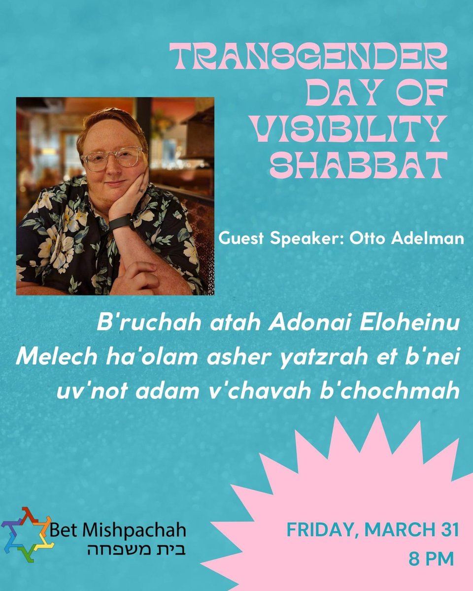 BetMish's tweet photo. This Friday, we will recognize and celebrate Transgender Day of Visibility. Our guest speaker for Shabbat will be Otto Adelman. We are delighted to hear from Otto and learn more about his story.
#betmishpachah #lgbtq🌈 #lgbtqsynagogue #transpride #transgenderdayofvisibility #dc https://t.co/dzyHr9s80G