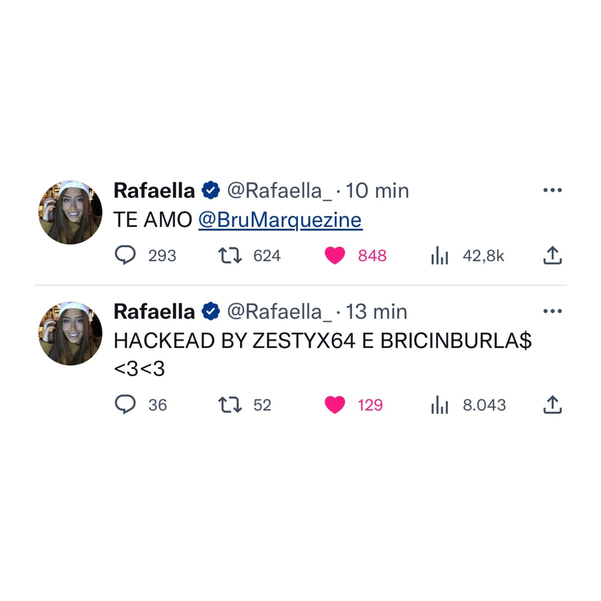 choquei's tweet photo. 🚨FAMOSOS: Rafaella, irmã do Neymar, também tem o perfil hackeado: “Te amo Bruna Marquezine”. https://t.co/oo9rhbgHfw