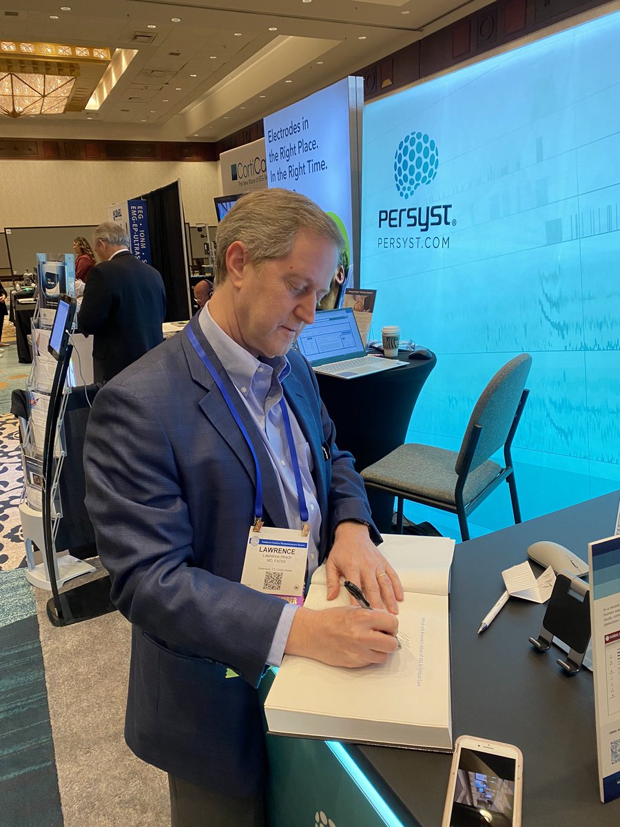 PersystEEG's tweet photo. Dr. @LawrenceHirsch7 signing a copy of the Atlas of EEG in Critical Care at the Persyst booth at #ACNS2023 !

#EEG #criticalcare #neuromonitoring #ICU #quantitativeEEG #qEEG #quantitativeanalysis #Neurology #neurophysiology #intensivist #intensivecare #neurotech #ai https://t.co/Im2ItsWuXV