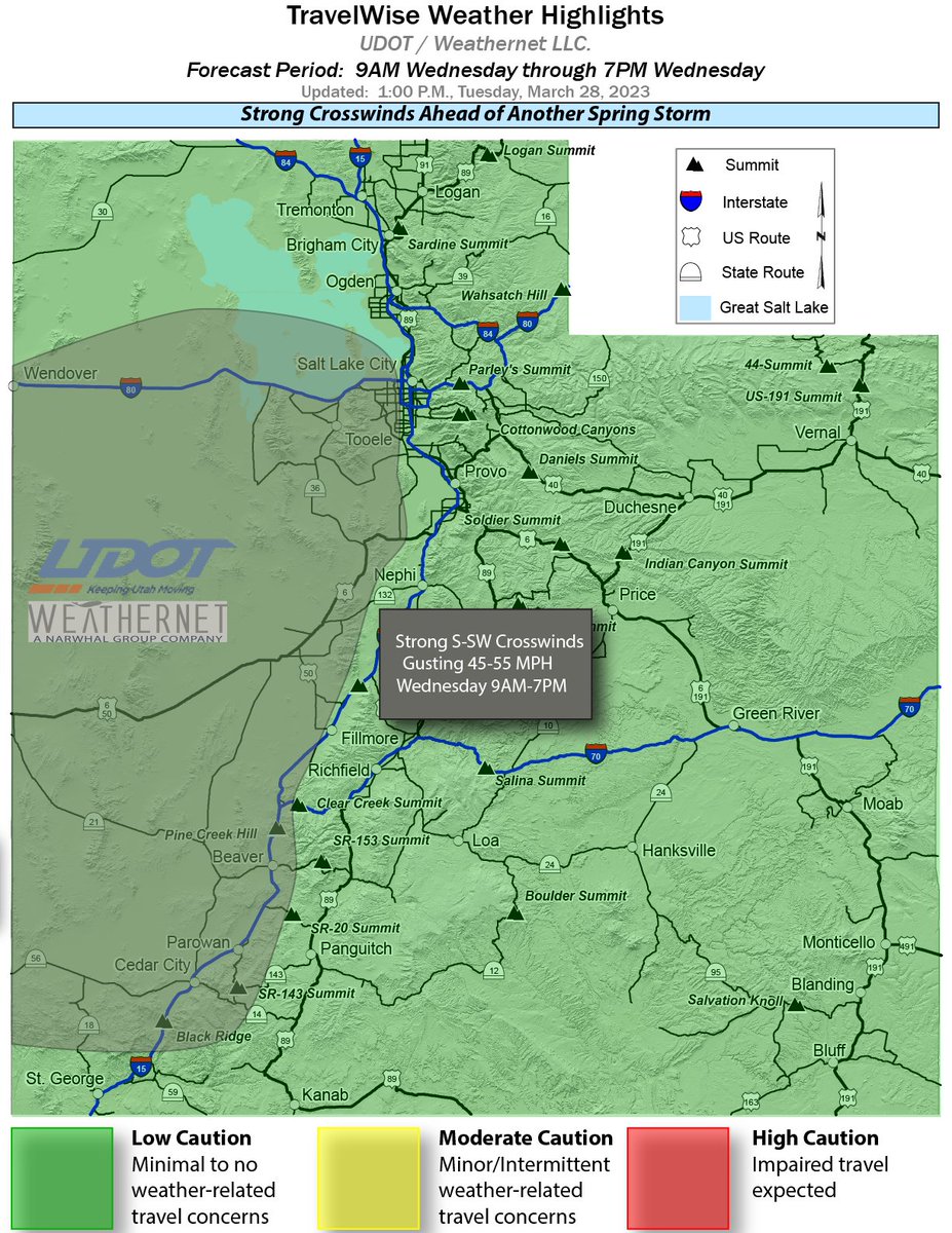 UDOTTRAFFIC's tweet image. Road Weather Alert: strong southerly crosswinds will create travel concerns throughout Wednesday. For more info, visit: udot.utah.gov/go/weather #utwx #utwind @UtahTrucking