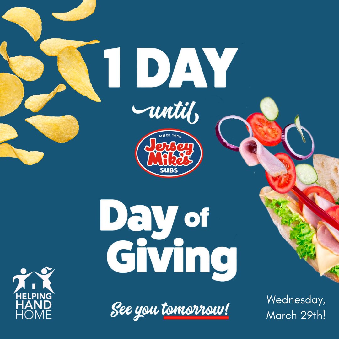 TOMORROW is Jersey Mike’s Day of Giving. 100% of sales will be donated to Helping Hand Home! Be sure to stop by your local Jersey Mike’s for a yummy sub with a purpose. Thank you in advance for all of your support. See you tomorrow!

#JerseyMikesGives #HopeHappensHere
