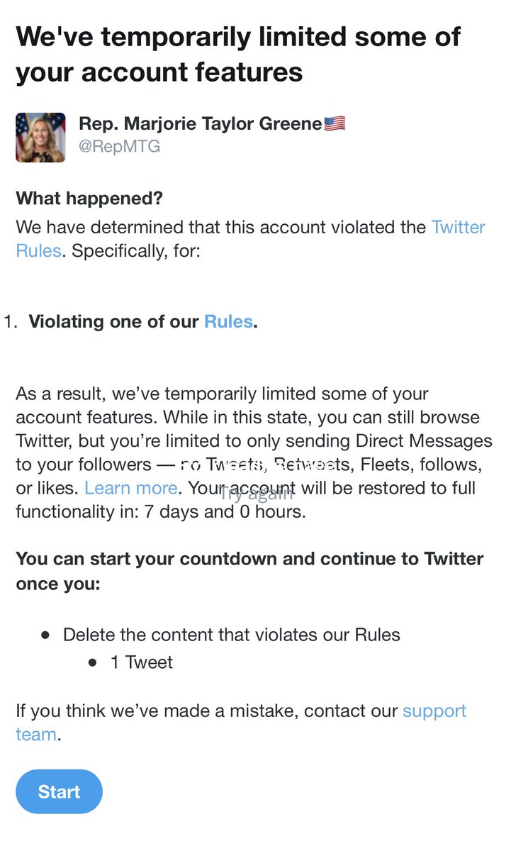 This is a lie. My Congressional account was suspended for 7 days for exposing Antifa, who are organizing a call for violence called “Trans Day of Vengeance.” The day after the mass murder of children by a trans shooter. Restore my account immediately. @elonmusk @ellagirwin…