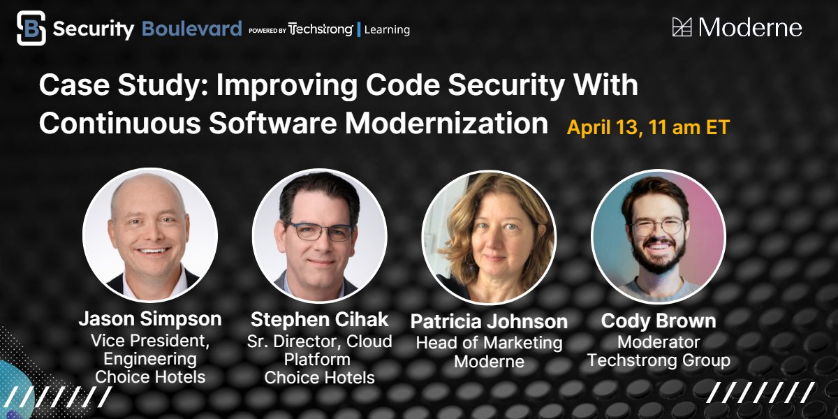 moderneinc's tweet photo. Grab your seat for this @ChoiceHotels case study webinar: https://t.co/lvQR2mKSAD! Learn why they’re using our #autoremediation—a fully automated alternative to SAST tooling—to keep their distributed source code continuously secure at scale. #DevSecOps #appsec https://t.co/lZL4uYrxcG