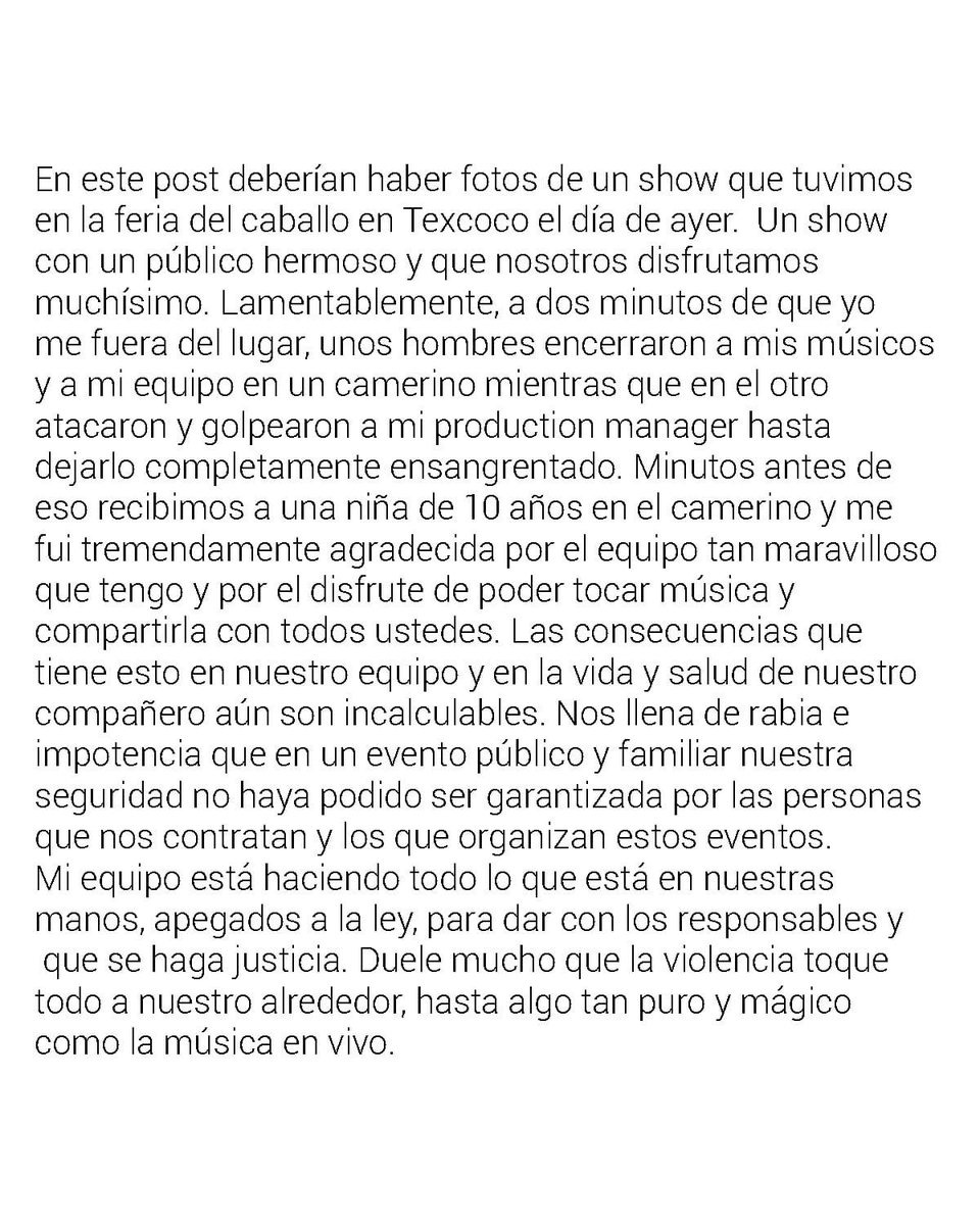La cantante Ximena Sariñana denuncia que sus músicos y parte de su equipo fueron encerrados y golpeados dentro de un camerino tras su presentación en la Feria del Caballo de Texcoco.