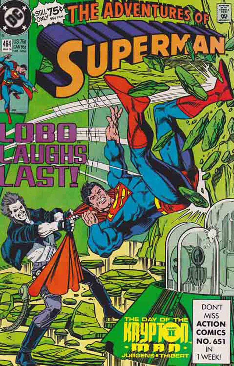 #ADVENTURESOFSUPERMAN #464 (1990) by #DanJurgens  1st #SupermanVersusLobo & Meeting #BloodBrawl A very drunk #Lobo arrives at the Fortress of Solitude with the also drunk Bibbo Bibbowski and Raof. rarecomicbooks.fashionablewebs.com/Adventures%20O… #RareComicBooks #KeyComicBooks #Superman