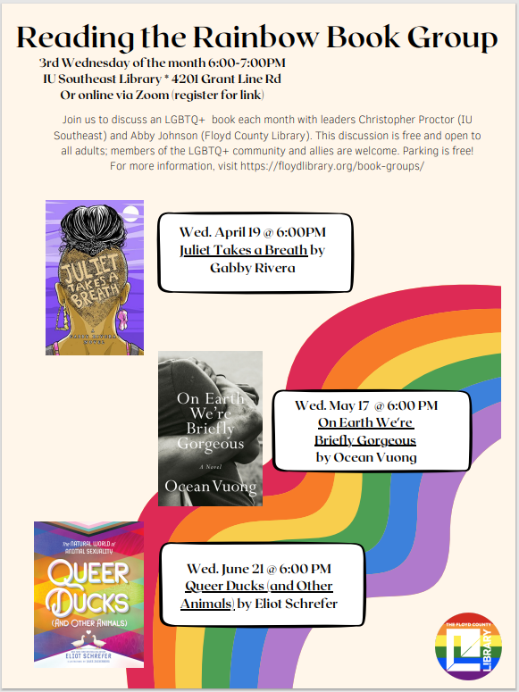 Announcing the next round of titles for the "Reading the Rainbow" book club we do in partnership with the Floyd County Library. The next meeting will be Wed, April 19 @ 6pm.