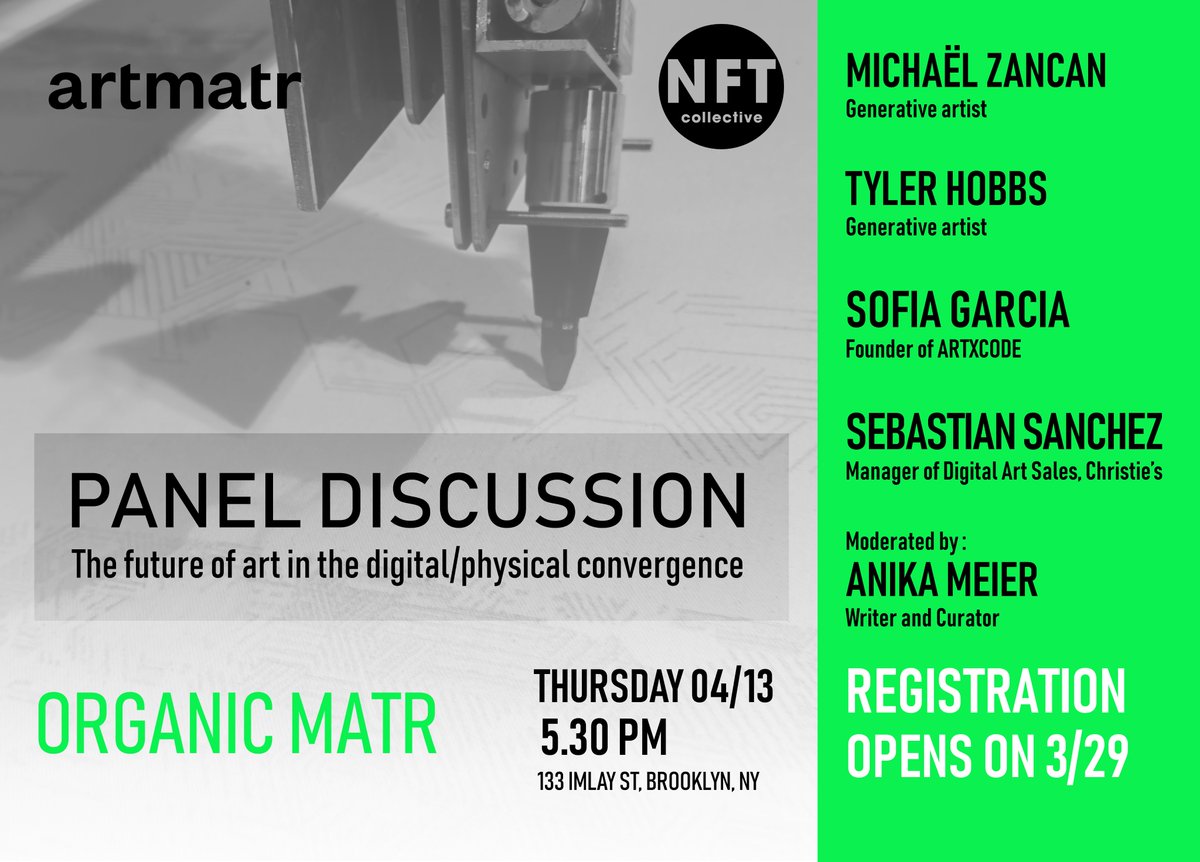 OMG 🤯😱💚
The ORGANIC MATR exhibition will open to a 
panel discussion with <a href="/tylerxhobbs/">Tyler Hobbs Studio</a> <a href="/sofiagarcia_io/">sofia garcia</a> <a href="/sebastianss527/">sebastian sanchez</a> moderated by <a href="/postanika/">anika meier</a> 

Thank you @artmatrco <a href="/NFT__Collective/">NFT Collective</a> this is stellar !! registration opens tomorrow  (Early birds have their place secured)
OMG 😵‍💫