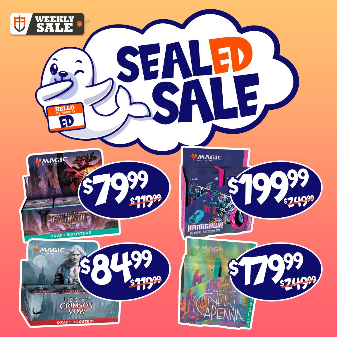FaceToFaceGames's tweet photo. Ed the Seal is back with some major savings on tons of SEAL-ED products!

https://t.co/b2Cn9xVh03

We are also giving away $25 store credit!

For a chance to win:
- LIKE this tweet 
- RT &amp; let us know your most anticipated TCG set https://t.co/jm6s5Jl6Gl