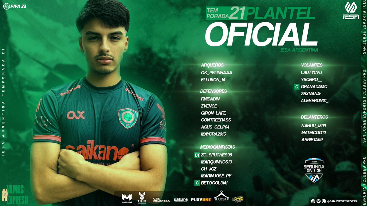 #Esports 🎮

🛡 ¡HAY EQUIPO! 👊

📋 Acá los 21 jugadores de @sanjorge_esports  que nos representaran en la Segunda División de #iesafifaar . 

 #VamosExpreso💚

¿Queres formar parte de los E-Sports? Contactate con los chicos de @SanJorgeESP