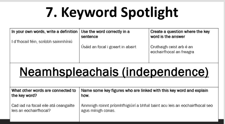 Keyword spotlight retrieval practice for Junior/Senior Cycle history, easily adaptable for all subjects as you can see... Excuse my dodgy Irish! 
#edchatie #retrievalpractice #leavingcerthistory
