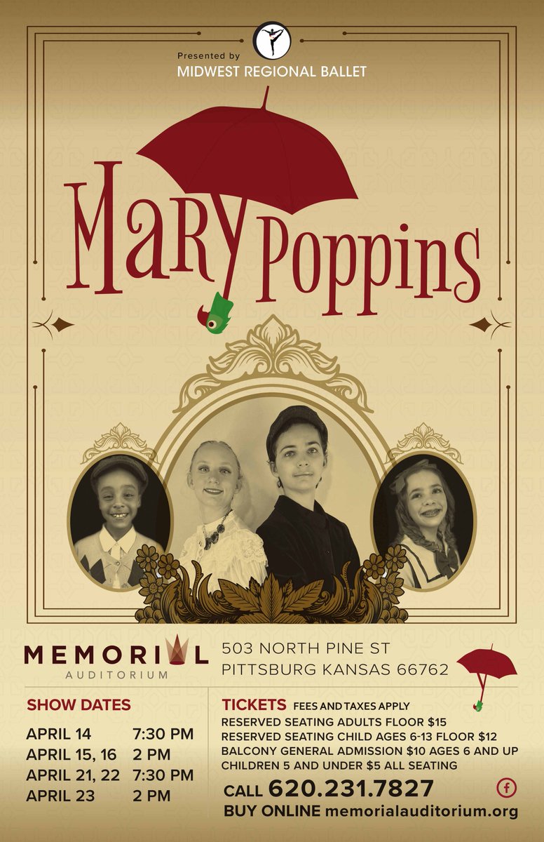 MemorialPittKS's tweet photo. Midwest Regional Ballet presents Mary Poppins. Take a supercalifragilisticexpialidocious journey with the dancers of MRB. Get your tickets here https://t.co/VSuEVVBVGs https://t.co/jW6SpU9dZu