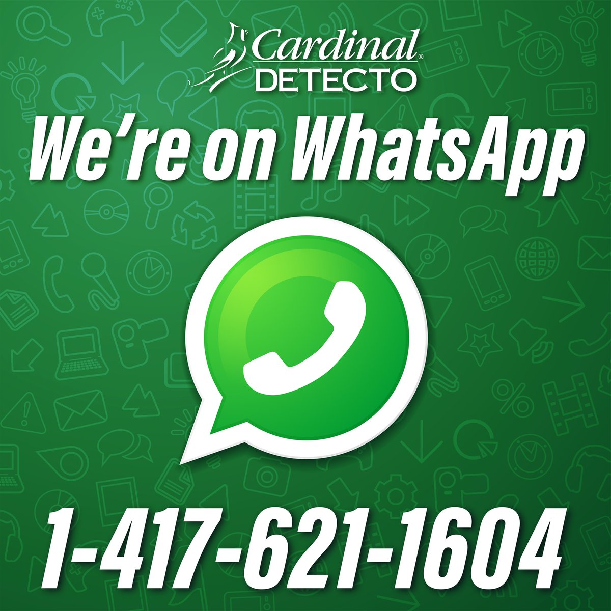 CardinalDetecto's tweet image. Need to communicate with us here at the factory from overseas? We're now on WhatsApp: 1-417-621-1604. This provides you with direct communication with our Technical Support and Customer Service departments for immediate support.

#WhatsAppNo #WhatsAppNo #WhatsApp_Call #whatsapp