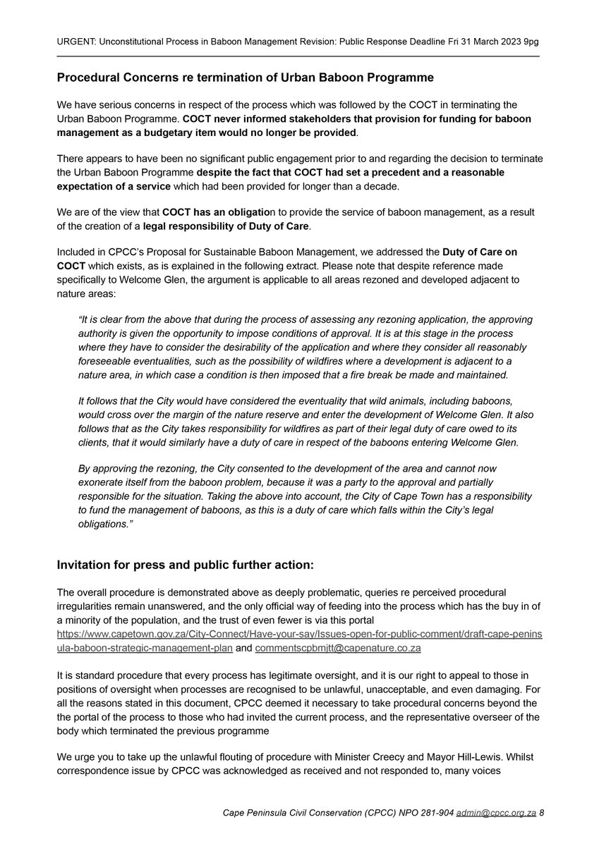 cpcc_za's tweet photo. CONTINUES: IMPORTANT PRESS STATEMENT: concerns beyond baboon management, very serious question
-to what extent will we citizens hold government accountable to law? 
@cpcc_za press &amp; public please raise with @BarbaraCreecy_ + @geordinhl
#unconstitutional
https://t.co/8S8FngbVq5 https://t.co/3c7rMJwMZO