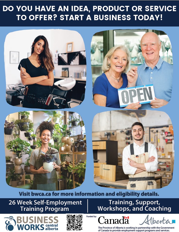 Business Works Central Alberta offers a free virtual 26-week self-employment program that is funded by the Government of Alberta, which makes the program free to eligible participants!  Their next intake date is April 11, 2023 and they are now accepting applications!