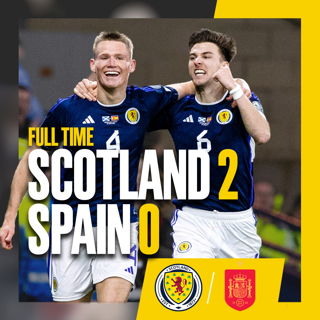 FULL TIME: Scotland 2-0 Spain. A HUGE performance from Steve Clarke's team 💪 Two goals from Scott McTominay either side of half time means it's two wins out of two to start our European Qualifying campaign! #SCOESP