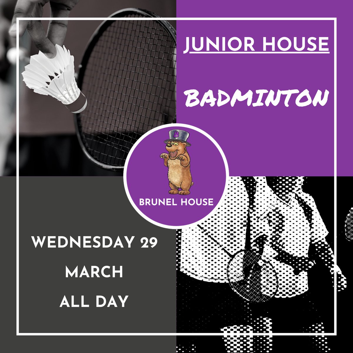 Good luck to our Junior Bears playing in the Badminton competition tomorrow 🏸 go and show them what you’re made of 💜🐻💜 #brunelbears #supportbrunelbears🐻