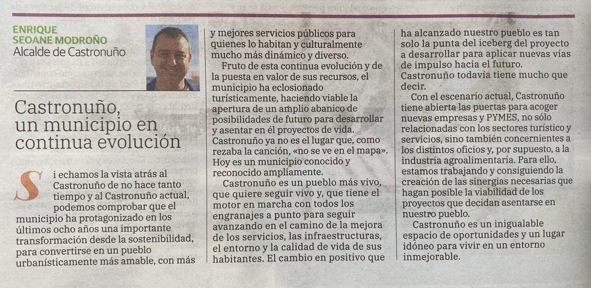 📰 El especial “Municipalismo: Retos, horizontes y futuro” del periódico #ElNorteDeCastilla de hoy publica este artículo que lleva mi firma y trata sobre el desarrollo socioeconómico de Castronuño